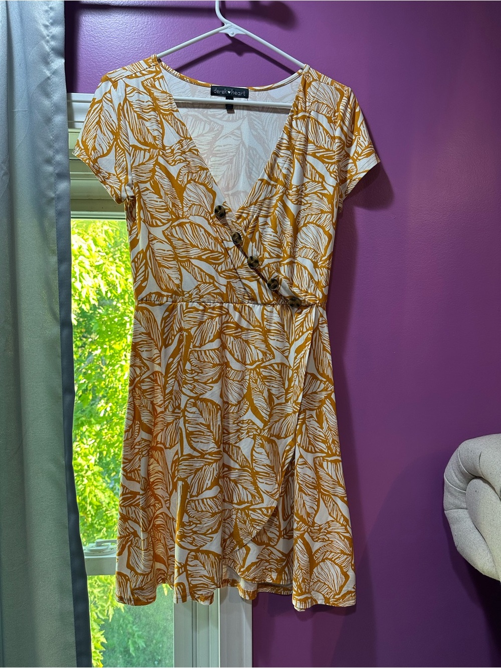 Derek Heart White & Mustard Leaf Print Faux-Wrap Mini Dress